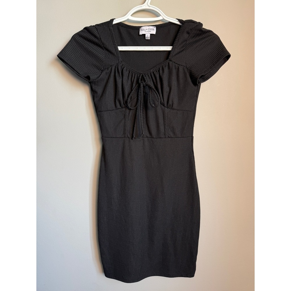 Rolla Coster Black Ribbed Mini Dress Small Short Sleeve Tie Front Coquette Goth